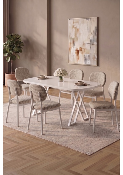 Hooli 90x168 Beyaz Mdf Masa, Metal X Ayak, Metal Sandalye, 6 Kişilik Mutfak Masası Takımı Ve Yemek Masası Takımı Krem Hooli 90x168 Beyaz Mdf Masa, Metal X Ayak, Metal Sandalye, 6 Kişilik Mutfak Masası Takımı Ve Yemek Masası Takımı Krem