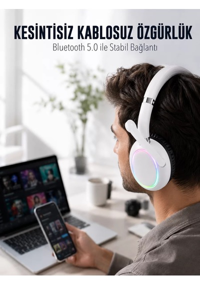Northcity Rgb Işıklı Mikrofonlu Bluetooth Kulaklık Beyaz Over-ear Tasarım Type-c Şarjlı
