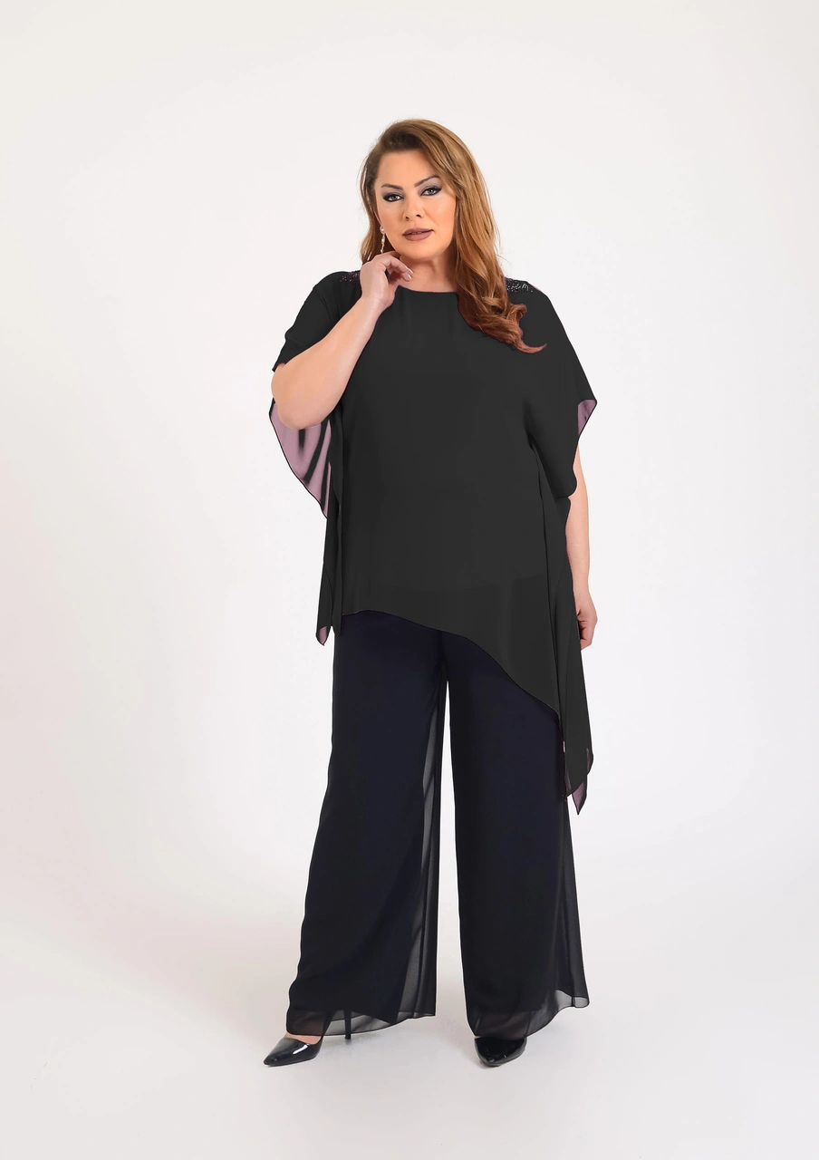 Lilas Xxl Büyük Beden Siyah Renkli Asimetrik Kesim Şifon Bluz Siyah