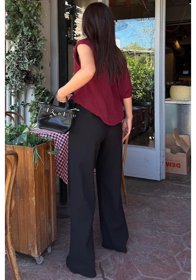 Madmext Siyah Yüksek Bel Keten Wide Leg Pantolon Mg2718