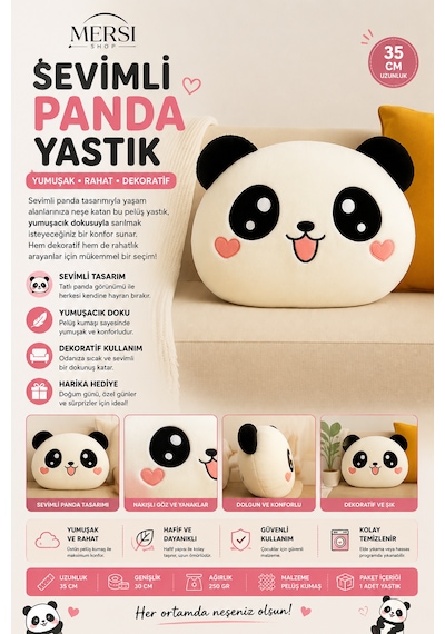 Sevimli Panda Kafası Peluş Yastık Yumuşak Dekoratif Panda Yastık Beyaz