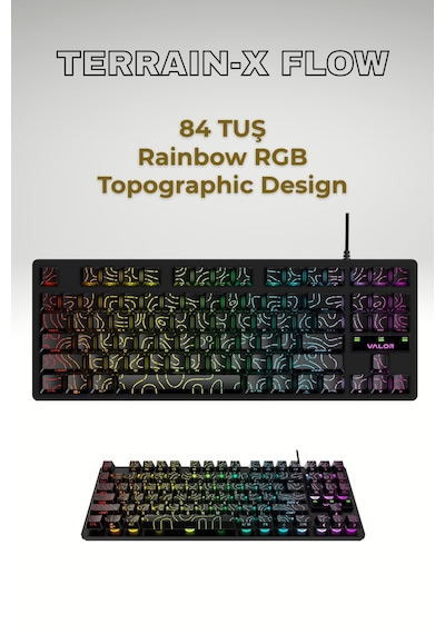 Terrain-x Flow Oyuncu Klavyesi 84 Tuş - Topografik Tasarım - Rainbow - Kablolu Oyuncu Klavyesi