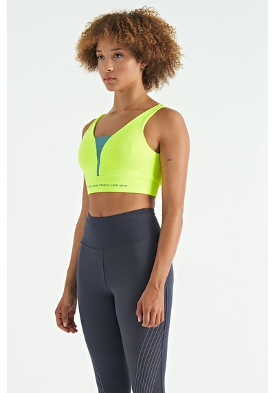 Tommy Life Neon Sarı Yazı Baskılı Renk Bloklu Dar Kalıp Dalgıç Kumaş Kadın Büstiyer - 97271 Neon Sarı