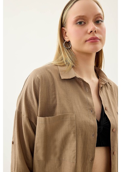 Vitrin Basic Oversize Önden Cepli Gömlek VİZON