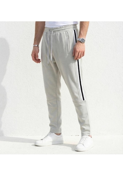 Plus Scorpion Erkek Slim Fit Pamuklu Eşofman Altı Yan Şerit Detaylı Günlük Gri