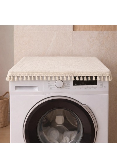 Ham Ponponlu Monica Çamaşır Makinesi Örtüsü - Çeyizlik Dekoratif Banyo Makine Kılıfı Krem
