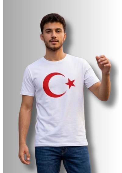 Baranışık Özel Tasarım Türk Bayrağı Baskılı Tshirt - %100 Pamuk Penye Süprem Sıfır Yaka Unisex Beyaz