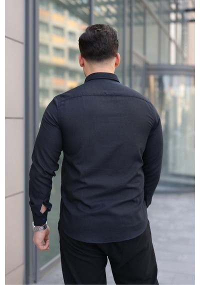 Baselco Premum Dik Yakalı Slim Fit Keten Görünümlü Gömlek Lacivert