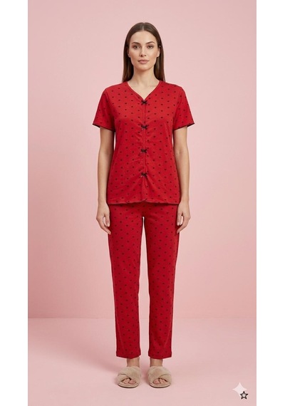 Sleeproom Yazlık Kırmızı Kalp Desenli Kısa Kol Penye %100 Pamuk Pijama Takım Kırmızı Siyah Kalp