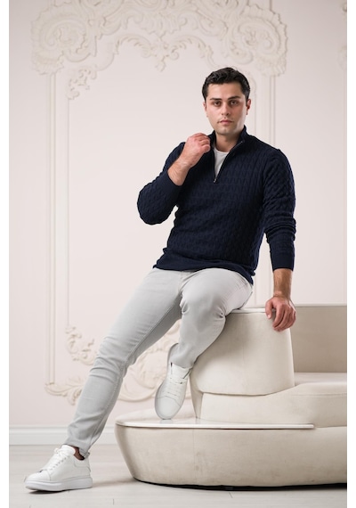 Slimfit Balıkçı Fermuarlı Yaka Örme Triko Yünlü Erkek Kazak 001