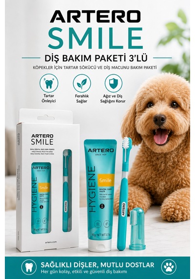 Artero Köpekler İçin Diş Fırçası Tartar Sökücü Ve Diş Macunu Bakım Paketi 3'lü