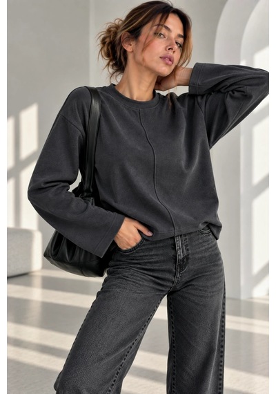 Bb Butik Basic Ön Dikiş Detaylı Basic Sweatshirt Günlük Rahat Kesim My3535 Antrasit