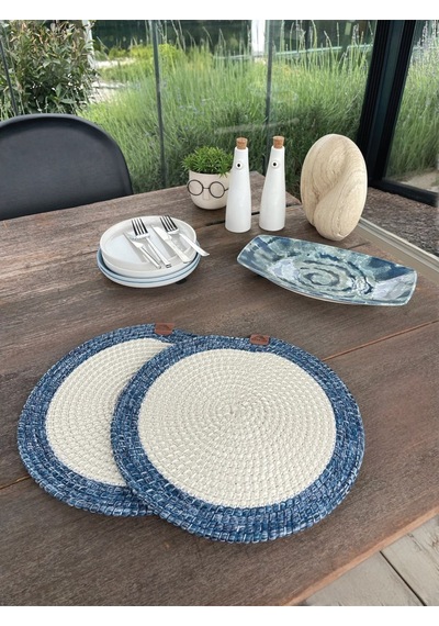 2 Kişilik Yuvarlak Amerikan Servis Leke Tutmaz - Supla Mavi/beyaz 33x33 Cm Beyaz/mavi