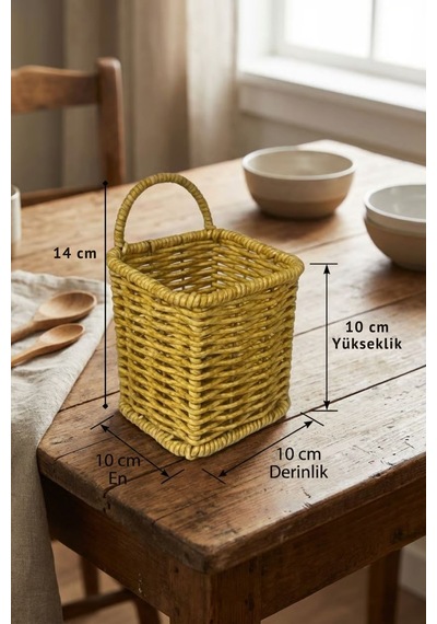 Plentiful Kare Hasır Dokulu Plastik Rattan Kaşıklık & Çatallık Askılı Kendiliğinden Tutmalı Çok Amaç Sarı