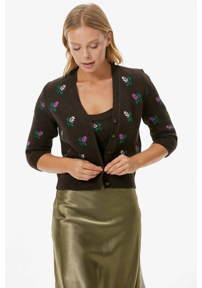 Sementa Çiçek Motifli Crop Triko Takım - Kahve 001