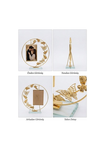 Lüx Gold Kelebek Ve Çiçek Figürlü Pleksi Tabanlı Metal Fotoğraf Çerçevesi 27 Cm Hediyelik Dekoratif Hediyelik Eşya