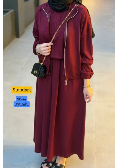 Balenbi Kadın Oysh Modal Kumaş Bomber Ceketli Rahat Kesim Elbise Takım 1237 Bordo