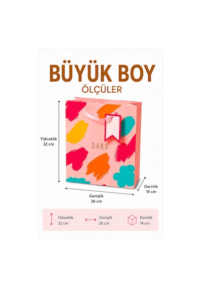 20 Adet 26 X 32 X 14 Cm - Pastel Pembe Renkli Fırça Desenli Büyük Boy Karton Hediye Çantası 3+
