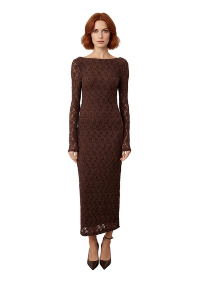 Ersefa Kadın Kayık Yaka Bodycon Kesim Uzun Kollu Astarlı Dantel Detay Ma Koyu Kahverengi
