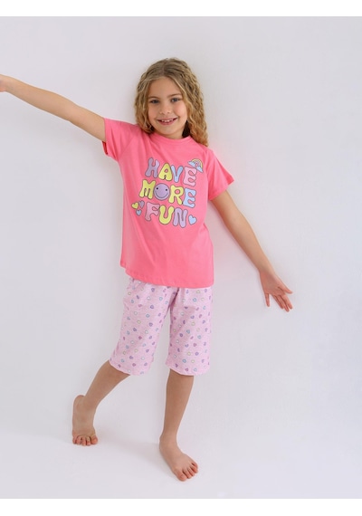 Kız Çocuk Kısa Kollu Kapri %100 Pamuklu Pijama Takımı More Fun Şeker Pembe