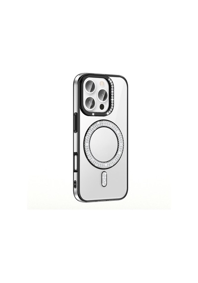 Apple Uyumlu iPhone 16 Pro Kılıf Pırlanta Taş Tasarımlı M-safe Şarj Özellikli Karetta Silikon Kılıf Siyah