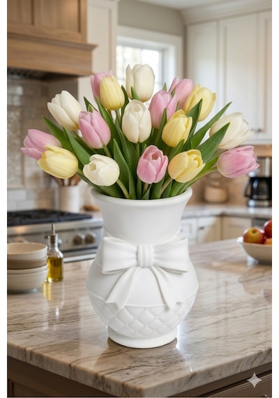 Modern 3d Baskı Fiyonklu Dekoratif Vazo - 18 Cm Estetik Çiçek Vazosu - Pastel Beyaz Tasarım Obje Beyaz
