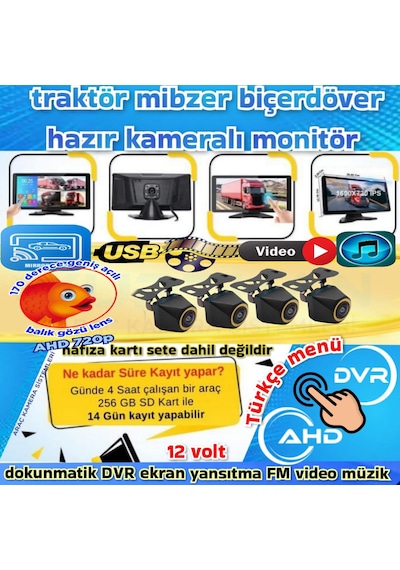 Balık Gözü 4 Adet Ahd 720p 170'' Kamera Ve Dokunmatik 10.36'' Video Müzik Dvr Ekran 12 V 256 Gb