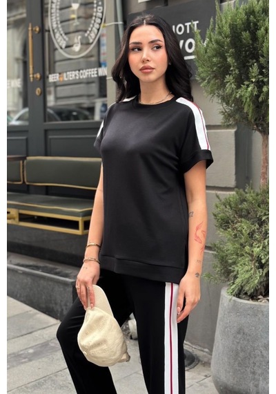 Ded Collectıon Kadın Şerit Detaylı Kısa Kollu Bluz Ve Havuç Pantolon Modal Kumaş Takım Siyah
