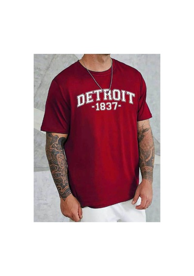 Medinenur Unisex Detroit Baskılı Tshirt Kırmızı