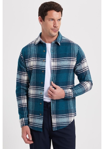 Tudors Erkek Slim Fit Dar Kesim Kareli Kışlık Oduncu Gömlek-42374 Petrol
