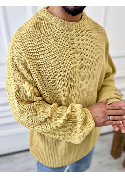 Elku Moda Kazak Oversize Çift Kat Örme Naturel Pamuk Bol Kesim Tüylenmeyen Salaş Triko Kazak Hardal