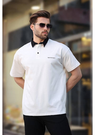 Madmext Ekru Düğmeli Polo Yaka Erkek T-shirt E7119 Ekru