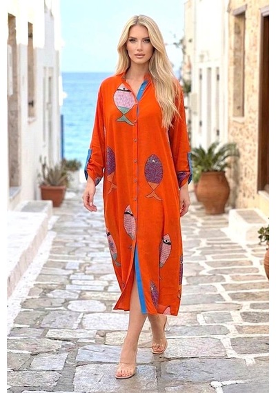 Veraura Lifestyle Turuncu Balıklı Gömlek Elbise