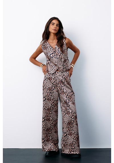 Sateen Leopar Desenli Saten Pantolon - Vizon-135184 Vizon