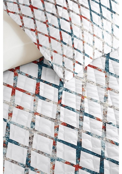 Mavi Geometrik Genç Odası Tek Kişilik Pike Takımı - Kırmızı Modern 160x220 Cm Kapitone Yatak Örtüsü Siyah