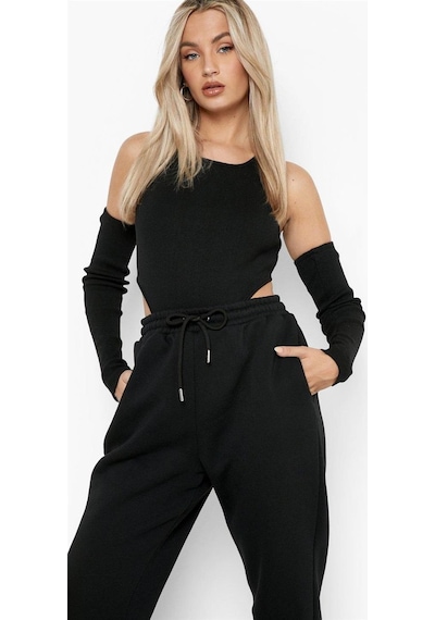 Pink Life Siyah Kalın Kumaş Kolluklu Bodysuit Siyah