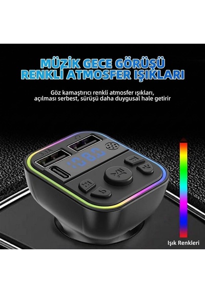 Tr Aft-12 Bluetooth 5.0 Araç İçi Fm Transmitter - 3 Portlu 2x Usb-a + 1x Usb-c Rgb Led Ekranlı Şarj Cihazı Aft-
