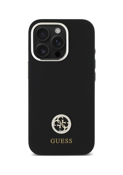 Apple iPhone 16 Pro Max Kılıf Guess Lisanslı Yazı Ve Taşlı 4g Logo Metal Kamera Çerçeveli Silikon Siyah