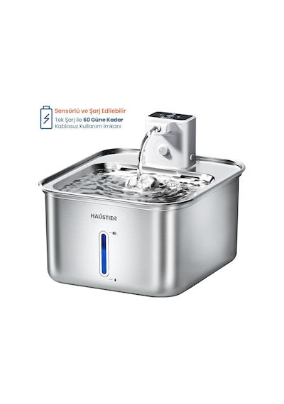 Haustier Wf08 Otomatik Kablosuz Kedi Su Pınarı, Sensörlü , Bataryalı , Ultra Sessiz, Çelik , 3lt Hazne