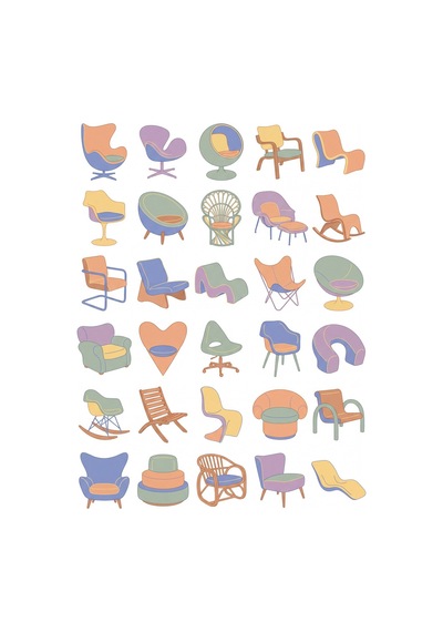 30 Adet Retro Modern Koltuk Sticker Seti - Laptop, Ajanda, Matara Çok Renkli