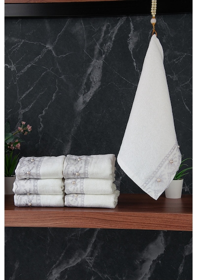 % 100 Pamuklu Kadife Güpürlü İnci Işlemeli 6 Lı Çeyizlik El Yüz Havlu Seti - 30x50 Cm - 04466 - Gri Gri