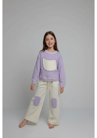Aden Kids Unisex Çocuk %100 Pamuk Alt Üst Takım Ekru - Lila