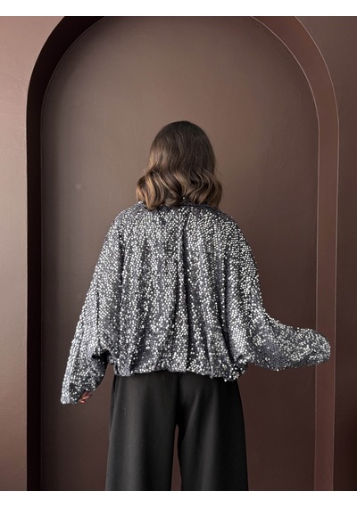 Verymoda Payetli Oversize Kadın Ceket Fermuarlı Işıltılı Şık Üst F2026 Siyah Gümüş