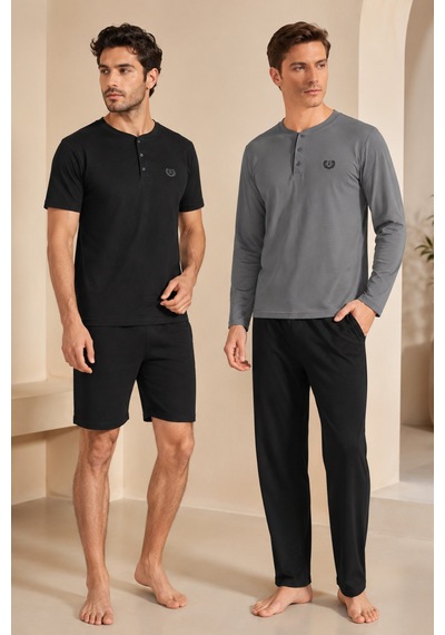 Loule Erkek Siyah Penye Yazlık Kışlık Pijama Takımı 4 Parça