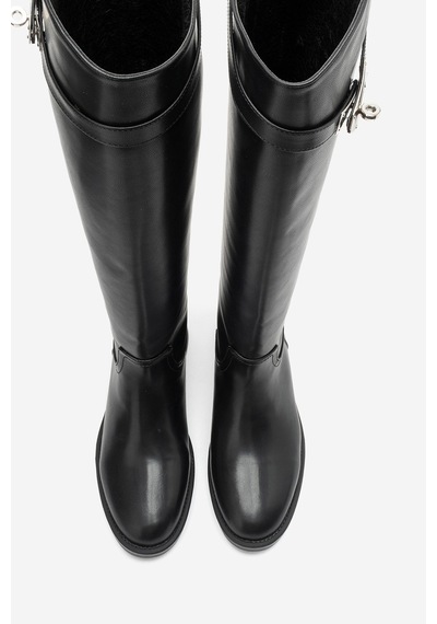 Luvi Shoes Clare Siyah Cilt Kemerli Kadın Binici Çizme