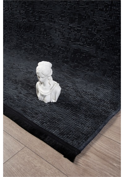 Badelya Home Antrasit Şönil Makinada Yıkanabilir Kaymaz Taban Saçaklı Pamuklu Halı Kilim Oturma Odası Salon