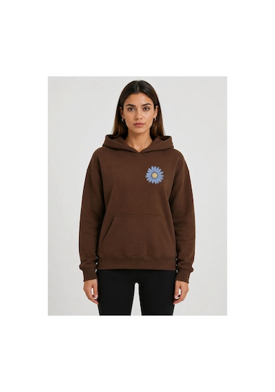 Herkesemoda Papatya Baskılı Kapüşonlu 2 İplik Şardonlu Sweatshirt Kahverengi