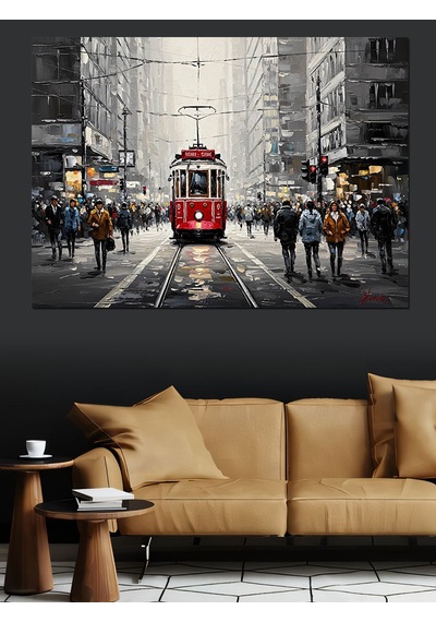 Kırmızı Tramvay Ve Siyah Beyaz Şehir Dekoratif Kanvas - Mdf Ahşap Tablo