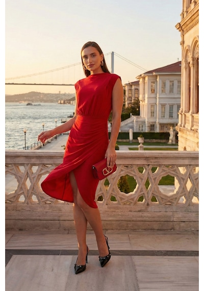 Lela Drape Ve Yırtmaç Detaylı Sıfır Yaka Kolsuz Midi Boy Bayan Elbise 611El694 Kırmızı Lela Drape Ve Yırtmaç Detaylı Sıfır Yaka Kolsuz Midi Boy Bayan Elbise 611El694 Kırmızı
