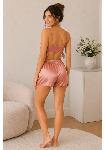 Loule Kadın Bakır Yanı Bağlamalı Saten Büstiyer Şort Pijama Takımı
